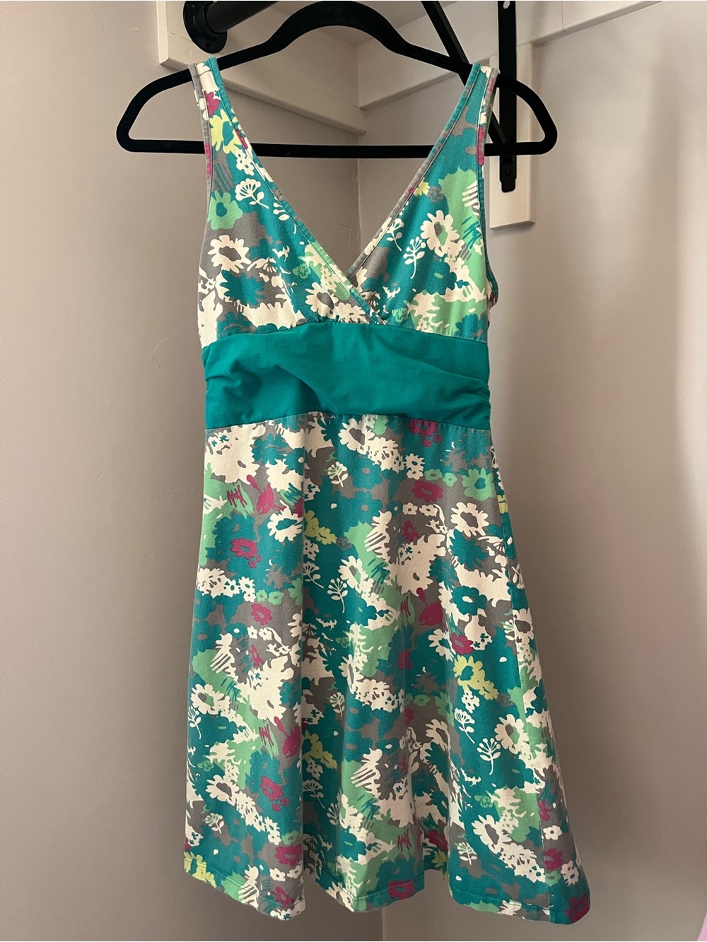 Patagonia Teal Floral Sundress with Aqua Waistband